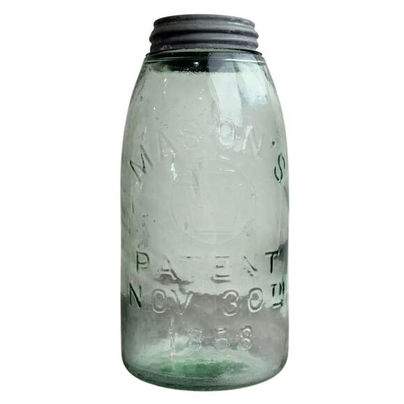 Antique Blue Mason Jar w/ Zinc Lid 1/2-Gallon Size USA Americana Circa 1850s EUC